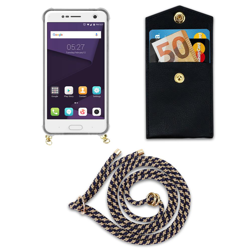Smartphone mit Hülle, Portemonnaie mit Geld und Karten, und eine Kordel.