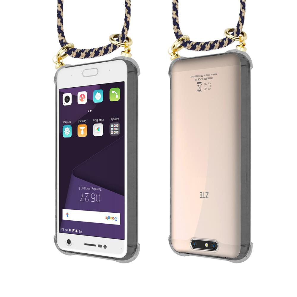 Zwei Ansichten eines ZTE Smartphones mit Lanyard und transparentem Gehäuse.
