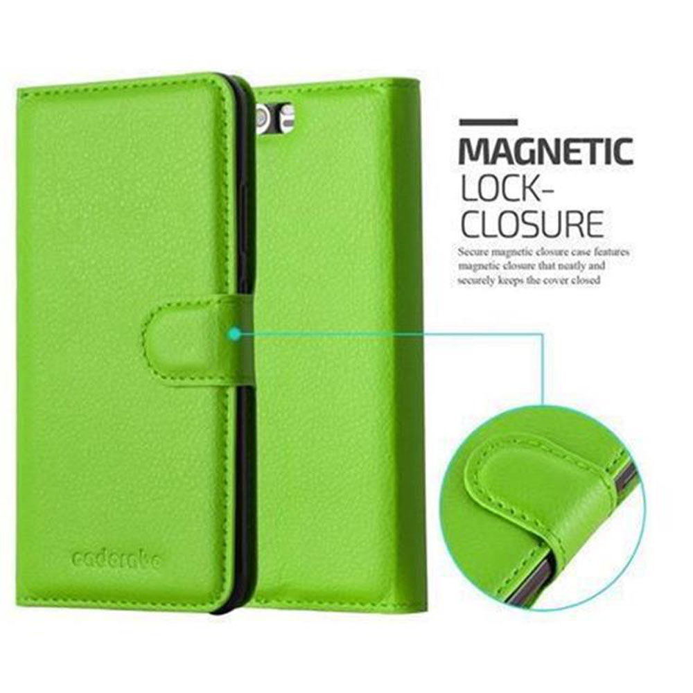 Custodia per telefono verde stile libro con chiusura magnetica.