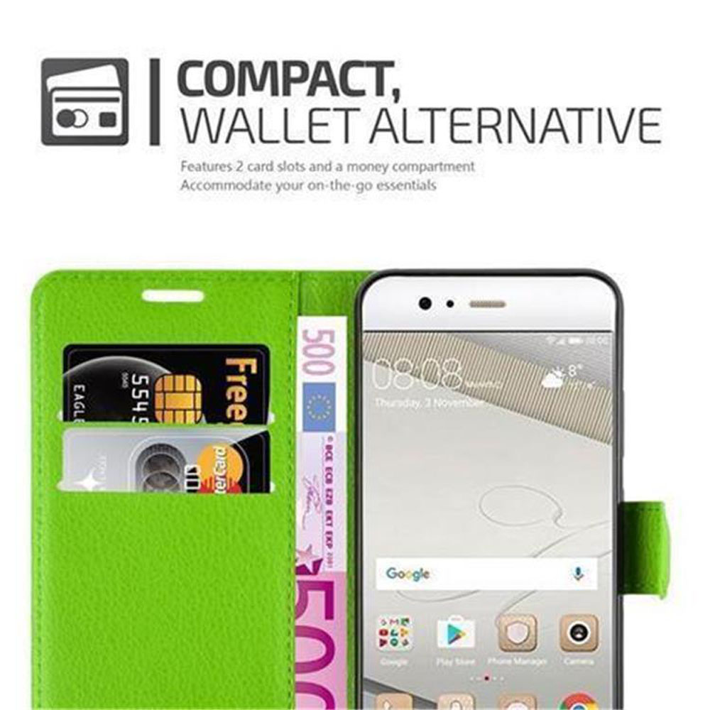 Custodia verde per telefono con slot per carte e assegno in euro. Smartphone mostra l'ora.