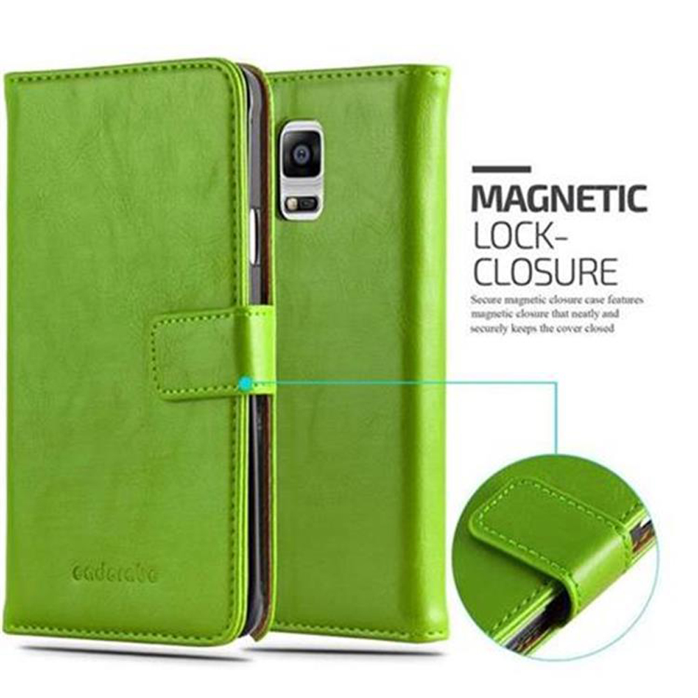 Custodia in pelle verde con chiusura magnetica, vista frontale e posteriore.