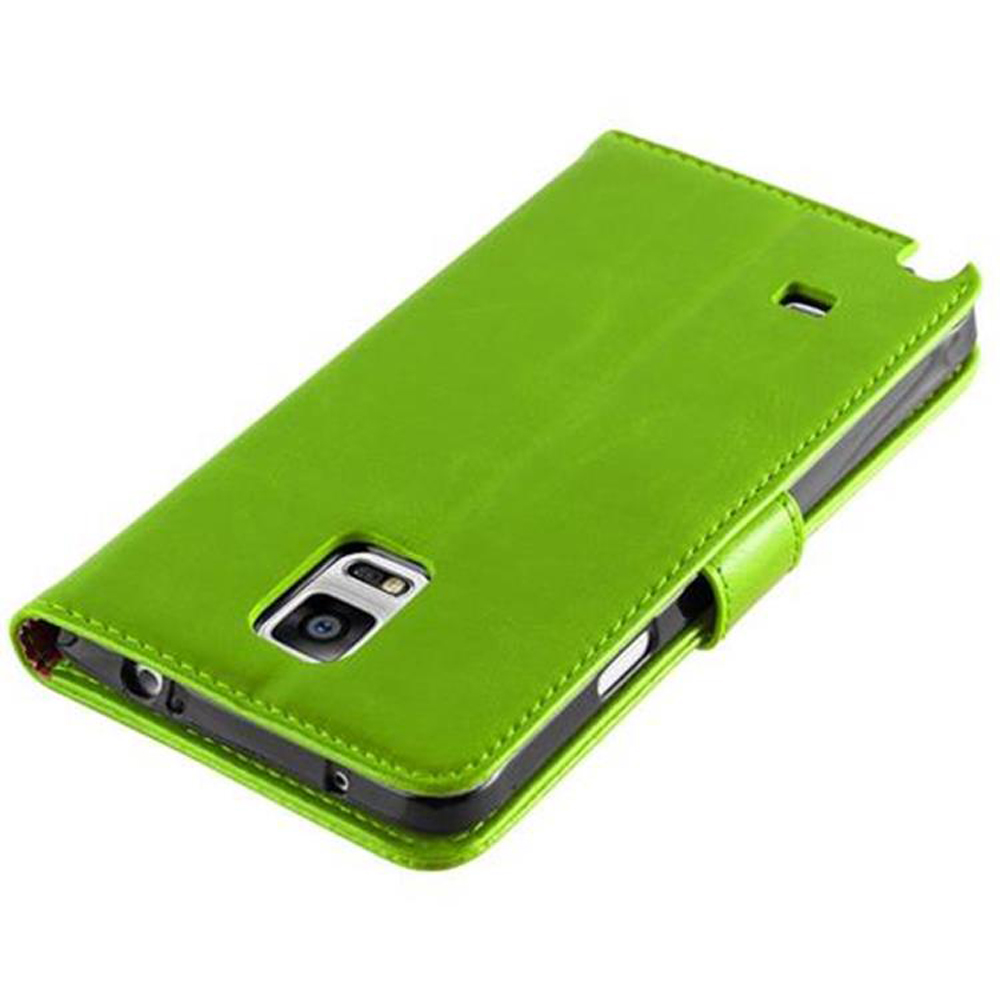 Una custodia per telefono verde stile portafoglio con ritaglio fotocamera.