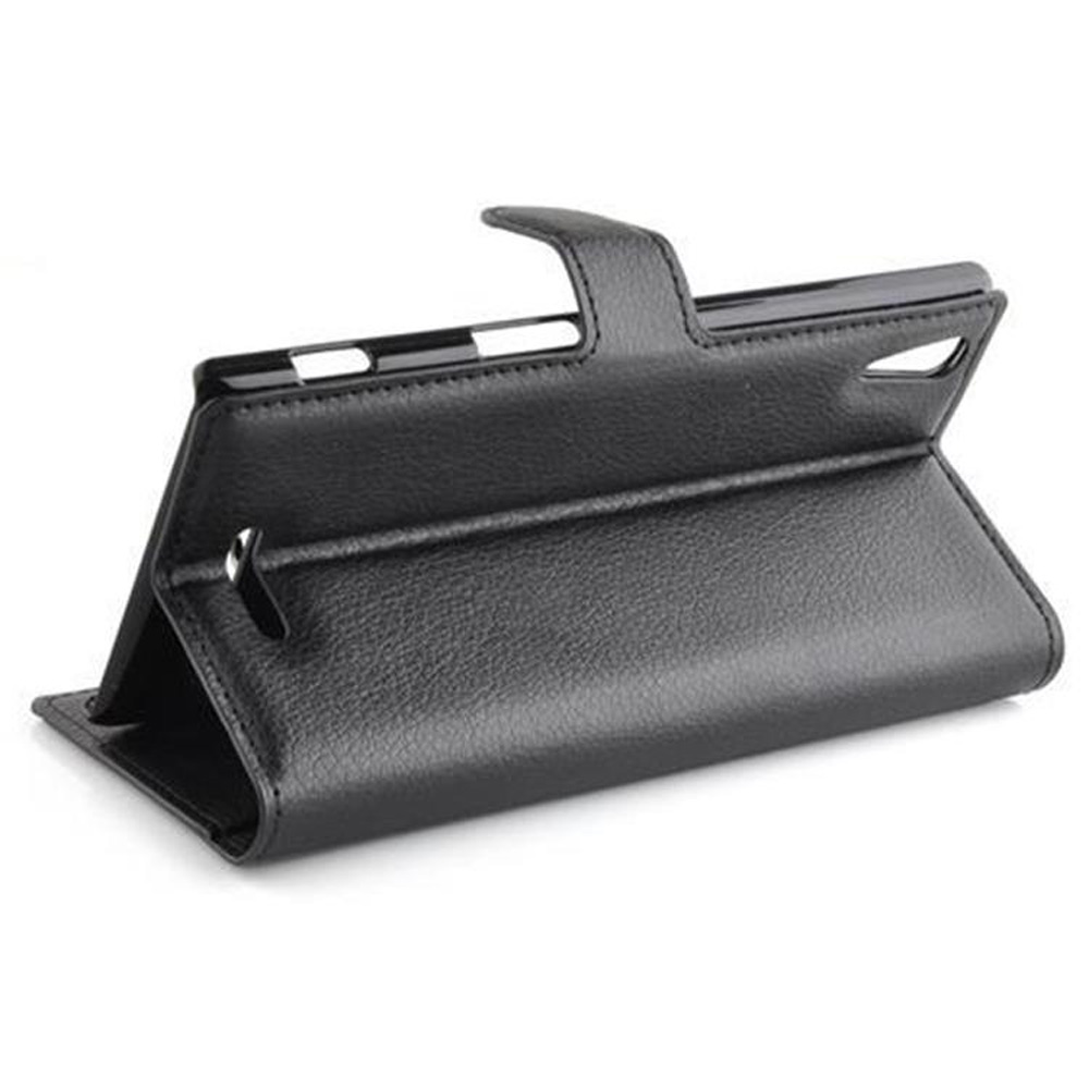 Custodia a libro in pelle nera per tablet o smartphone, in piedi.
