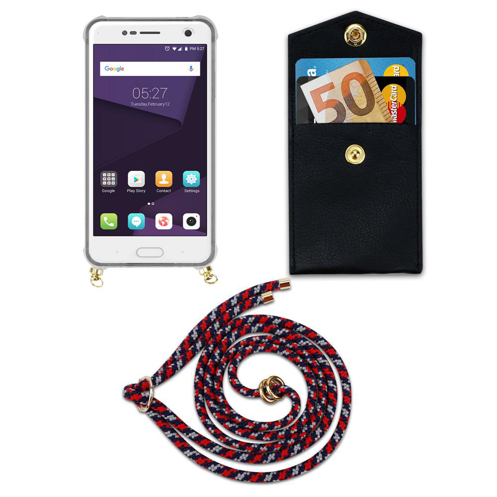 Ein Smartphone mit schwarzer Brieftasche und Lanyard auf weißem Hintergrund.
