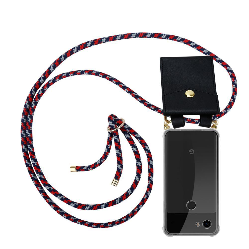 Schwarzes Handy mit rotem, blauem und grauem Band und kleiner Tasche.