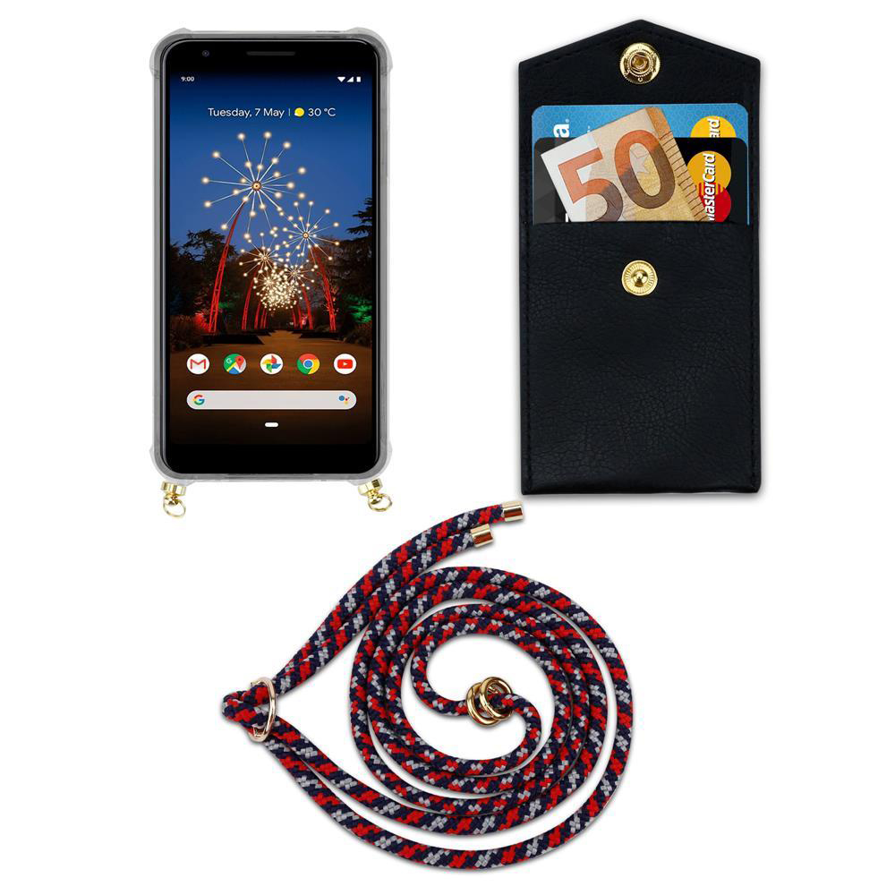 Ein Smartphone mit einer Hülle und einer Schnur liegt neben einer schwarzen Brieftasche.