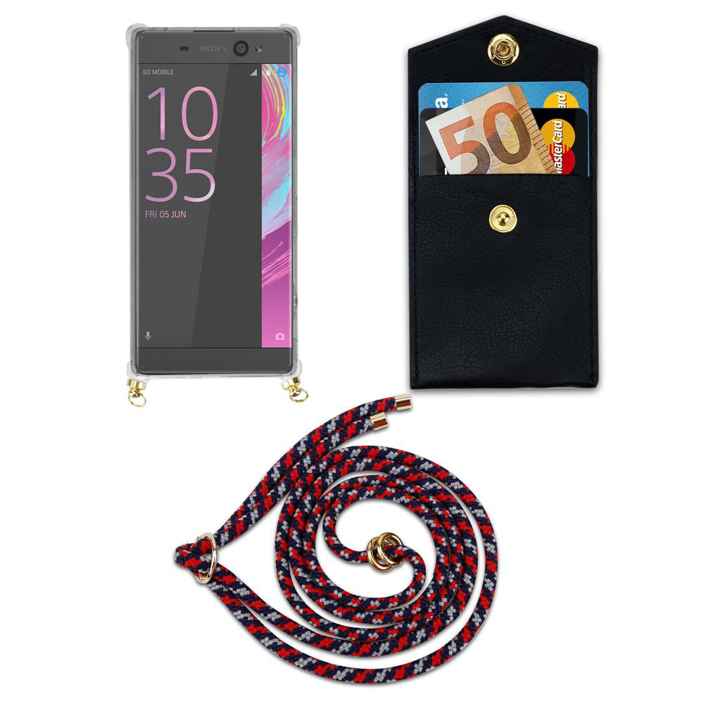 Sony Smartphone mit Hülle, Geldbörse mit Geld und Karten, Lanyard auf weißem Hintergrund.