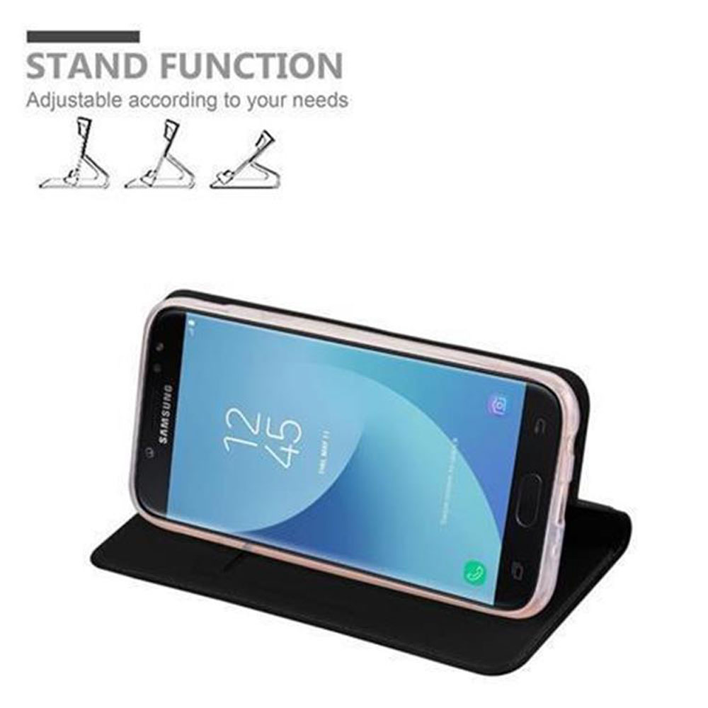 Uno smartphone Samsung in custodia nera, appoggiato per la funzione stand.
