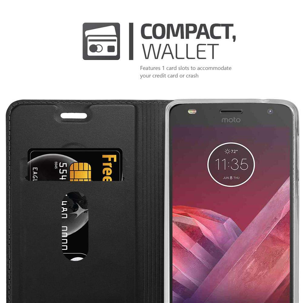 Una funda tipo cartera negra con un teléfono y ranuras para tarjetas.