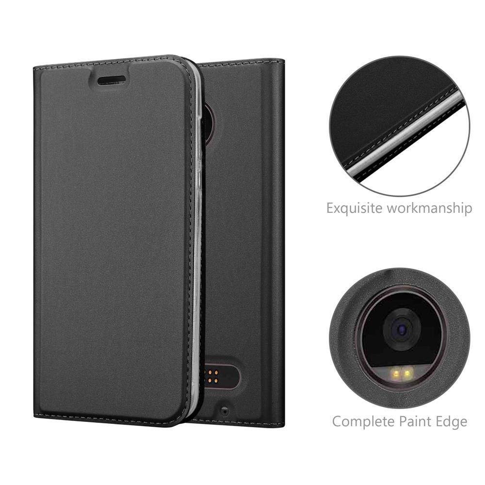 Funda negra para teléfono, abatible, con vistas de detalle.