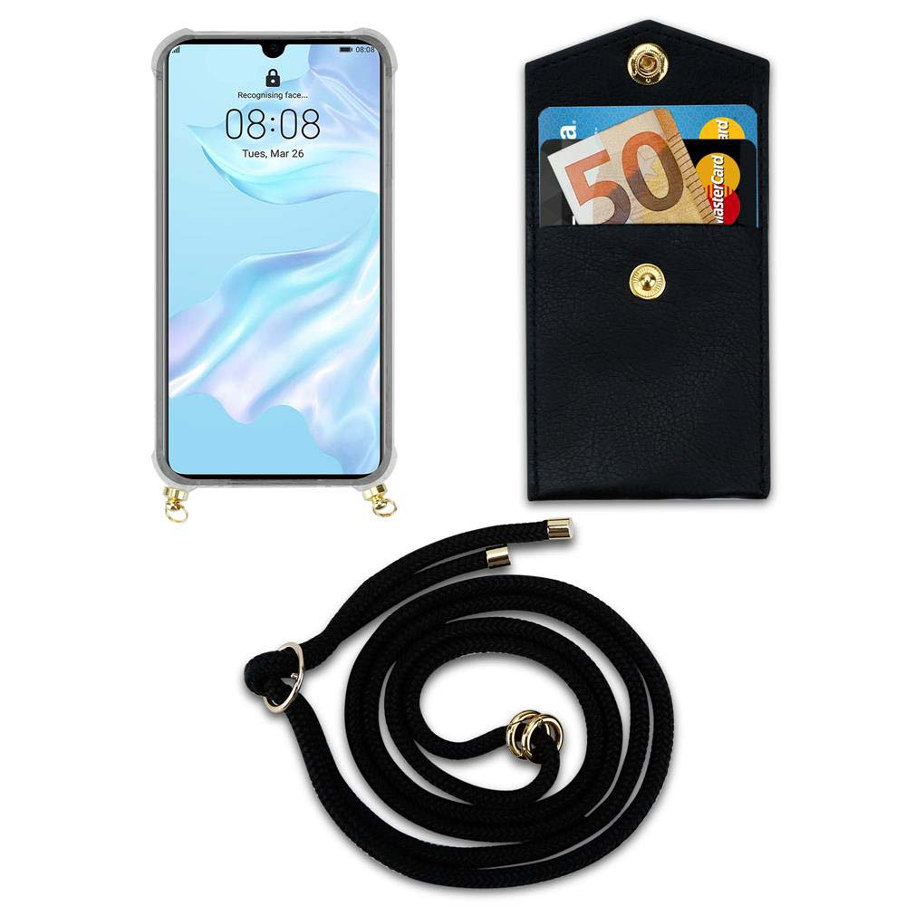 Uno smartphone in custodia, un portafoglio con carte/soldi e un laccio nero.