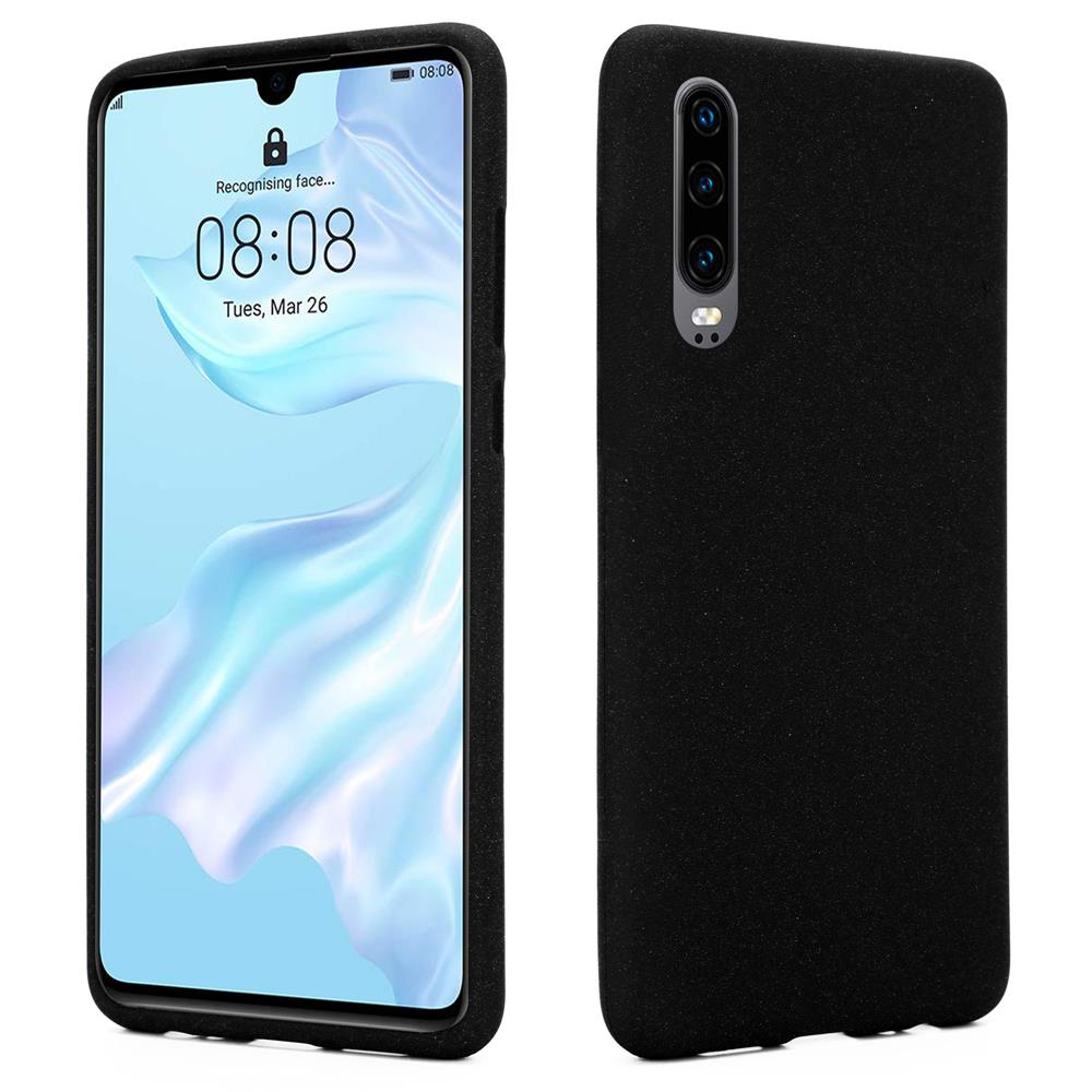 Un telefono nero con sfondo blu e una custodia per telefono.