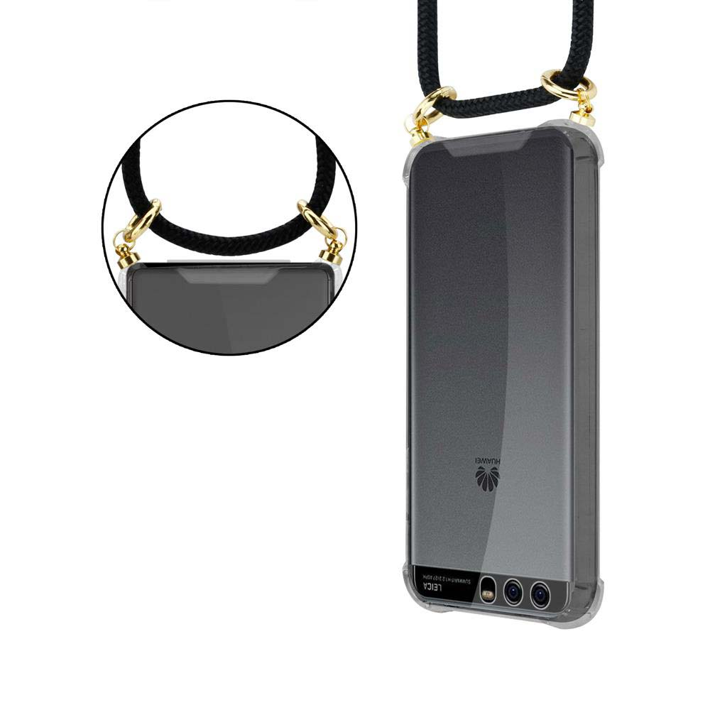 Smartphone grigio con cordino nero e ferramenta dorata, su sfondo bianco.