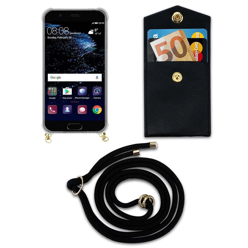 Uno smartphone in custodia, un portafoglio con carte e denaro, e un cavo di ricarica nero.