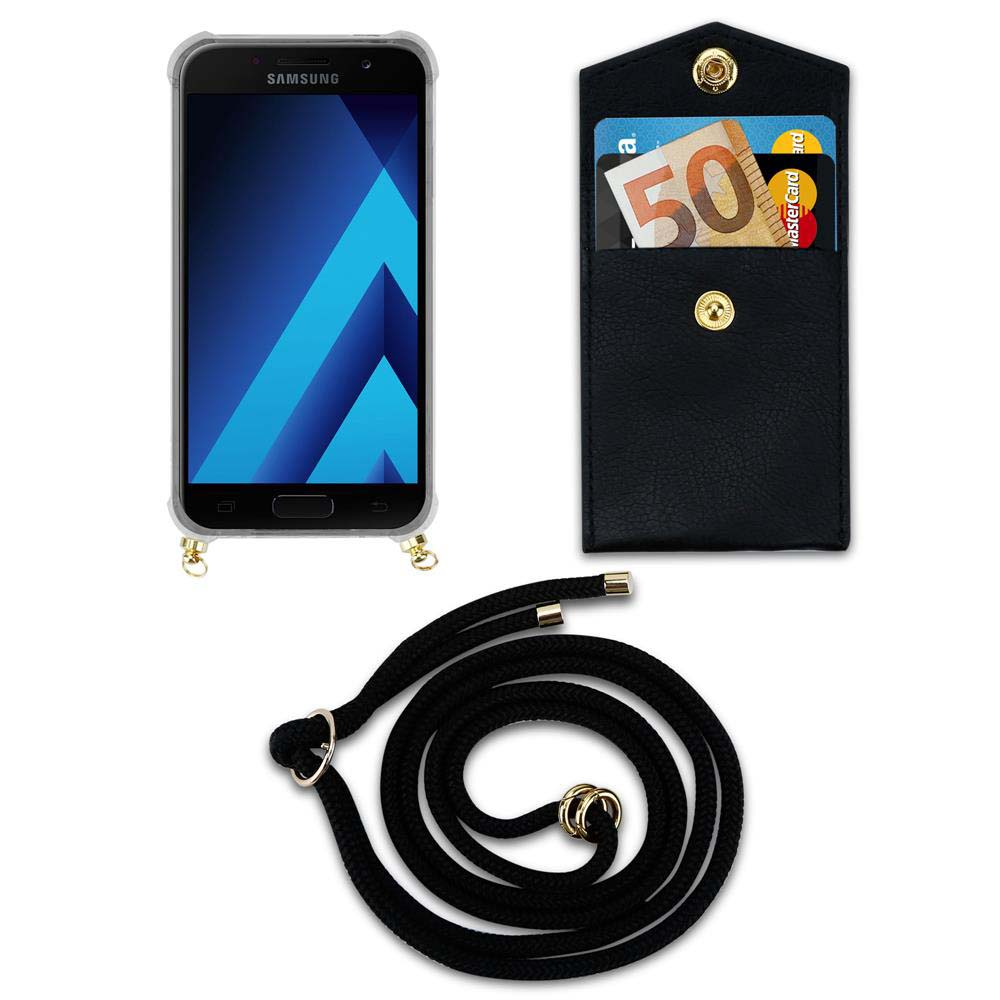 Smartphone in custodia trasparente, portafoglio nero con soldi e carte, cordino.