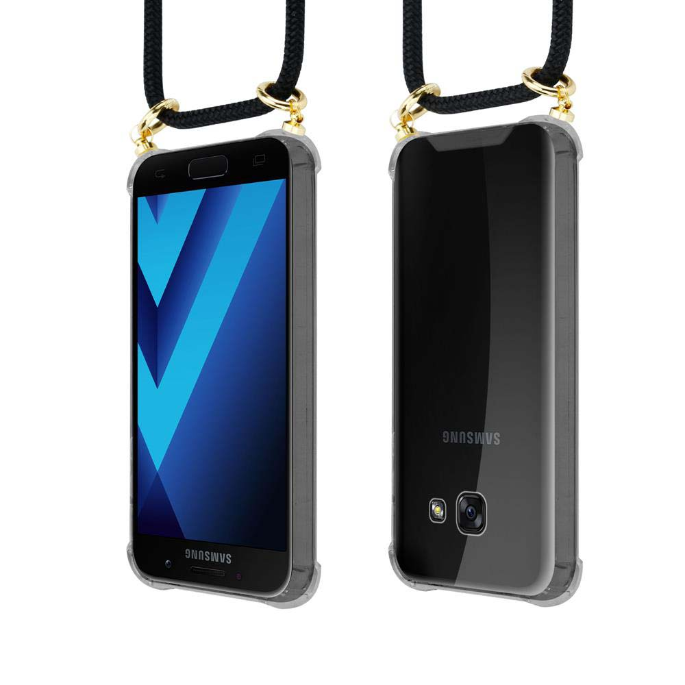 Due smartphone Samsung con cordini neri e hardware dorato, viste frontale e posteriore.