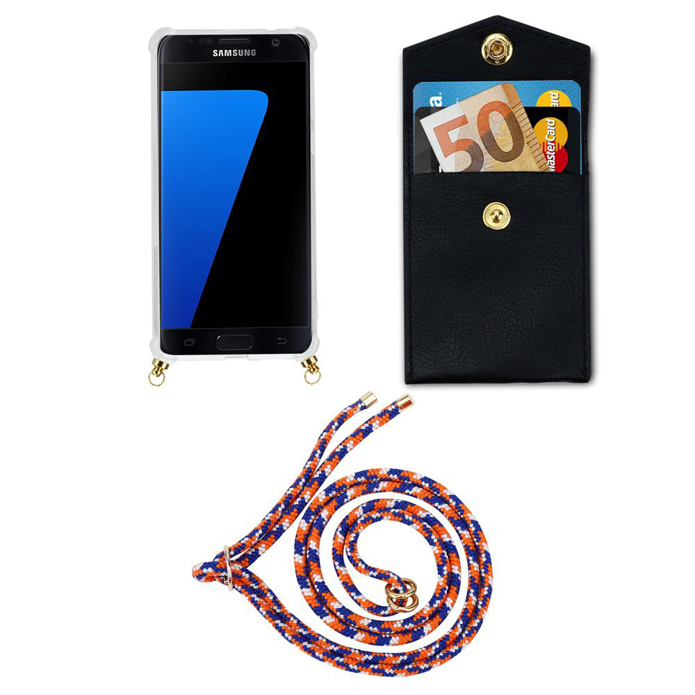 Telefono Samsung in custodia, portafoglio nero con soldi e carte, cordino.