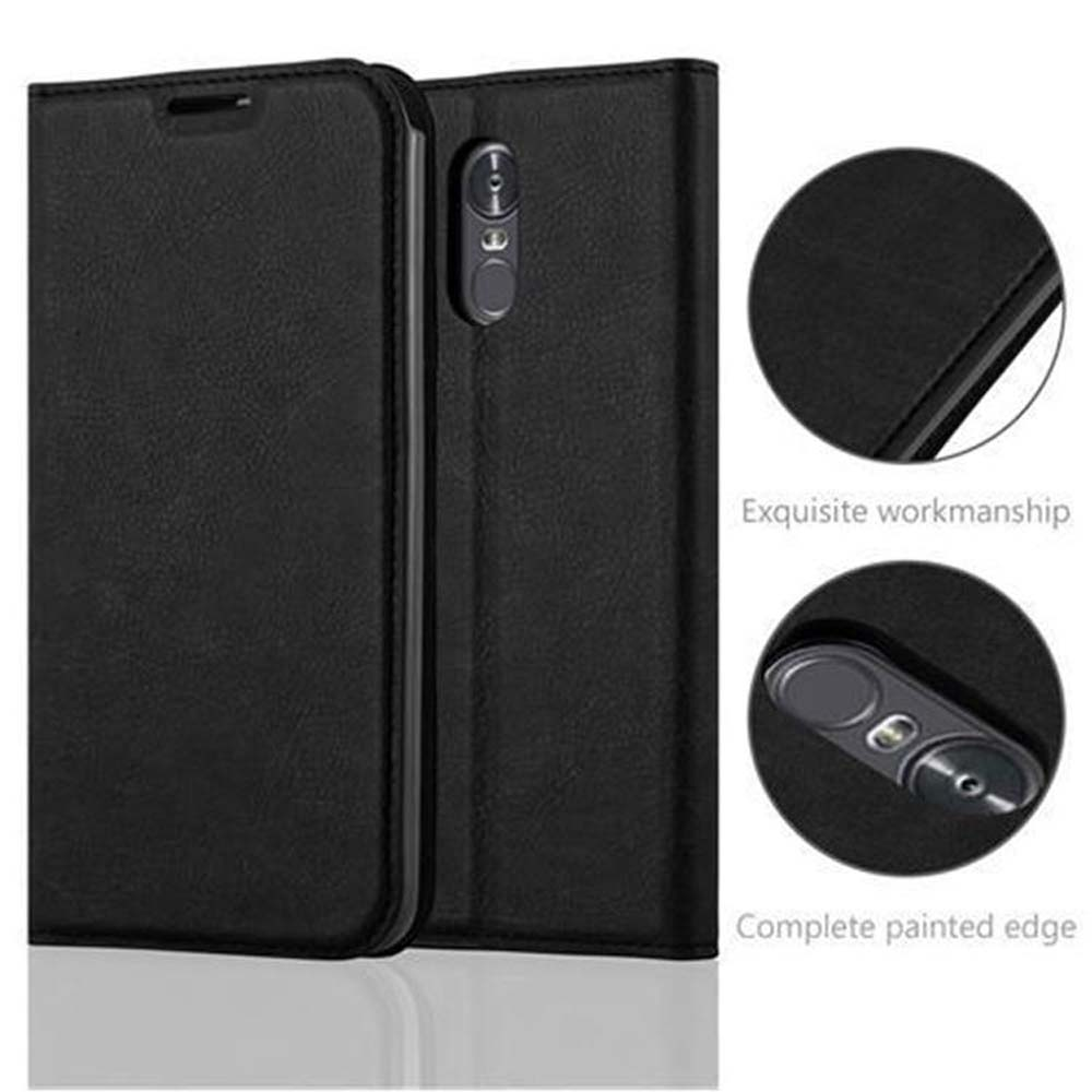Custodia nera in pelle per telefono con ritaglio fotocamera e vista bordo.