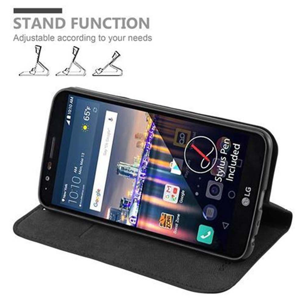 Uno smartphone LG nero in una custodia con funzione stand. La custodia è aperta.