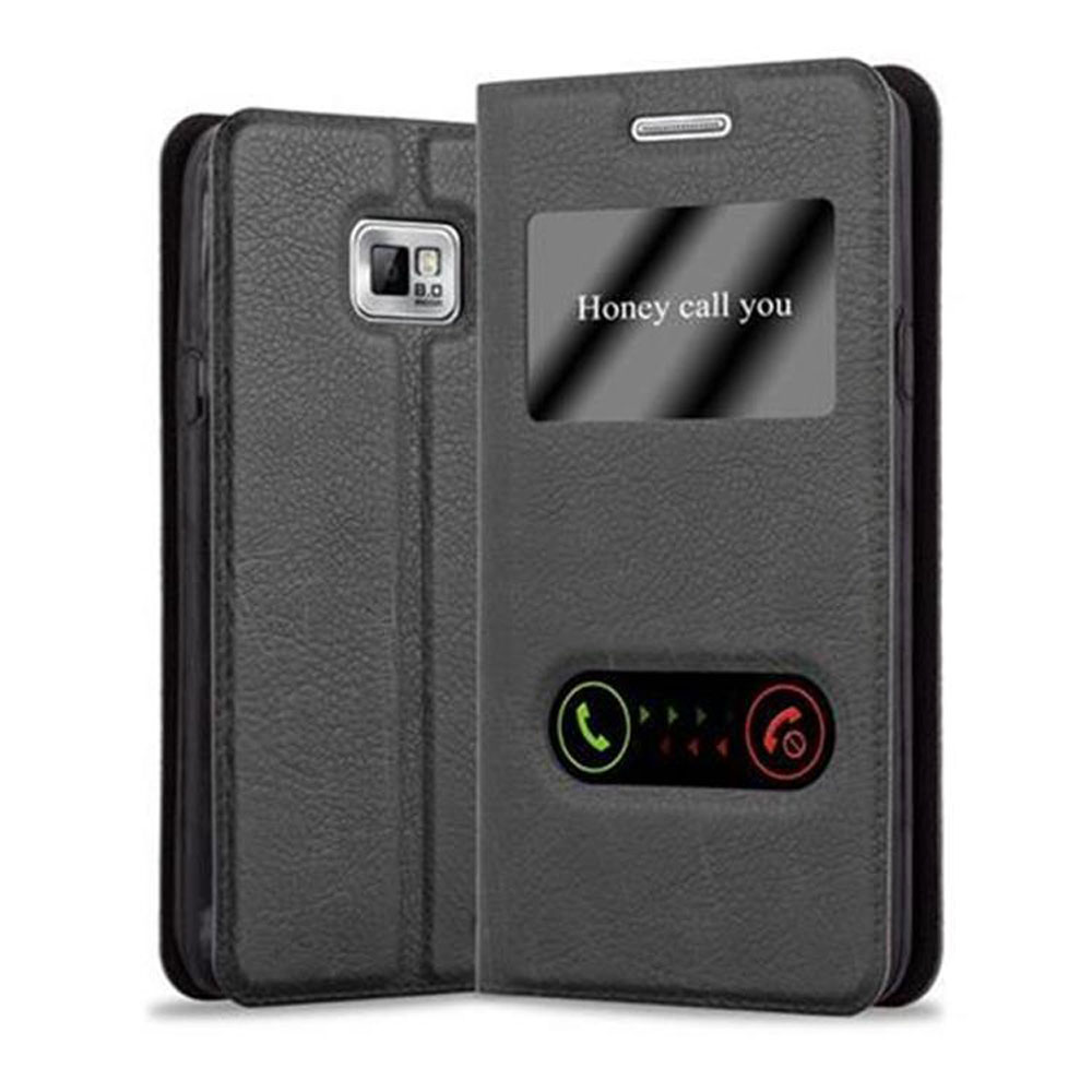Funda tipo libro gris para teléfono con ventana y iconos de llamada.