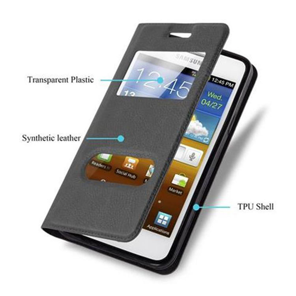 Funda de teléfono de cuero sintético gris con ventana transparente.