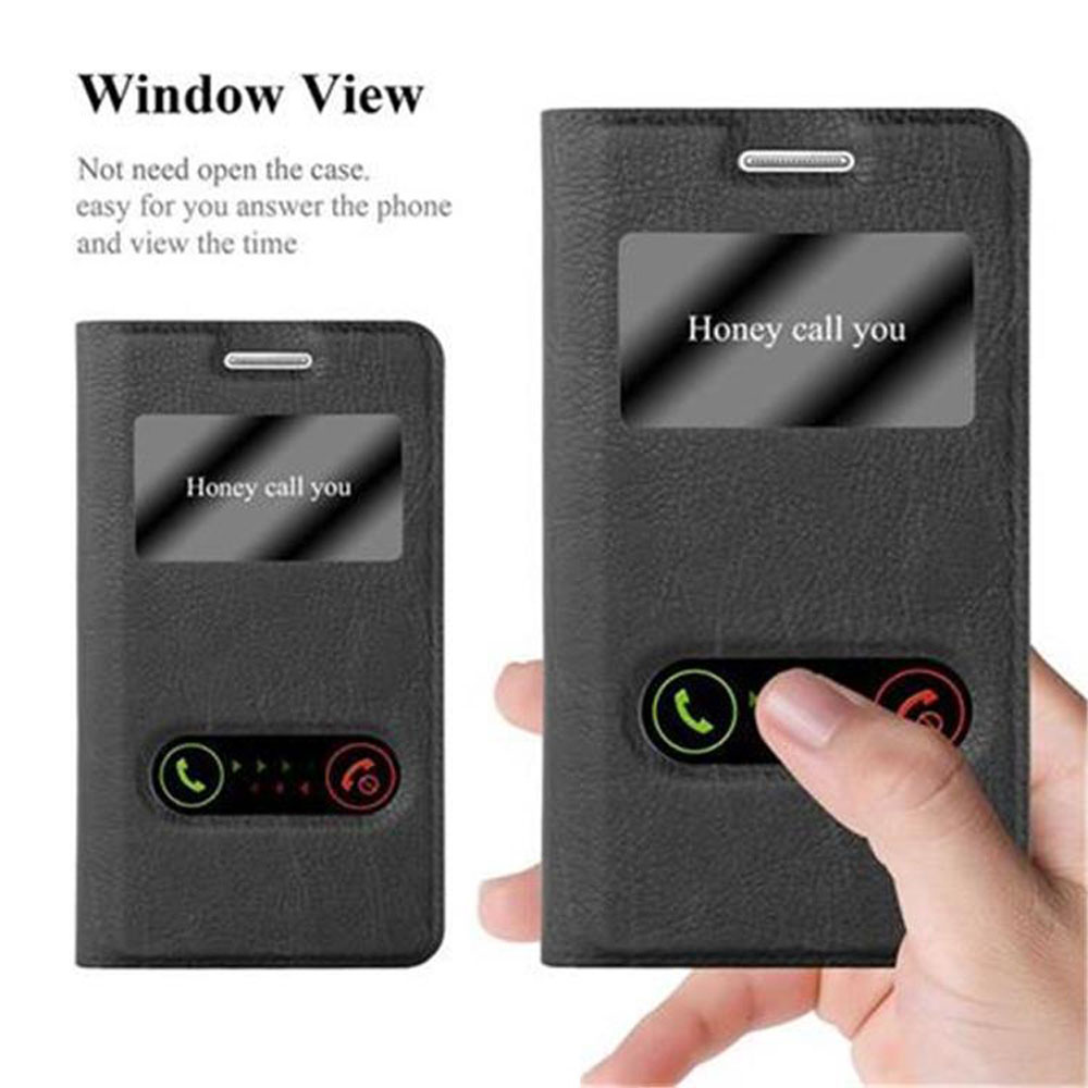 Funda negra para teléfono con ventana. Muestra llamada entrante.