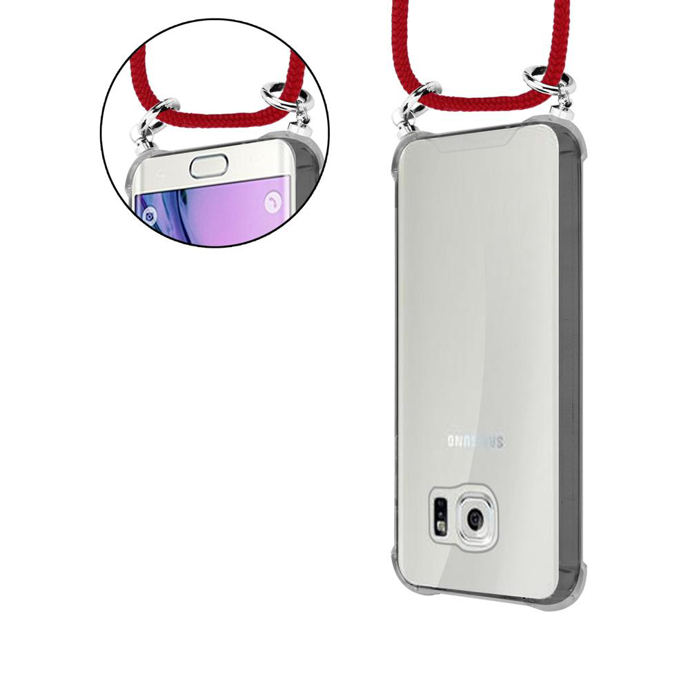 Smartphone mit rotem Trageband und transparentem Schutzgehäuse, weiße Rückseite.