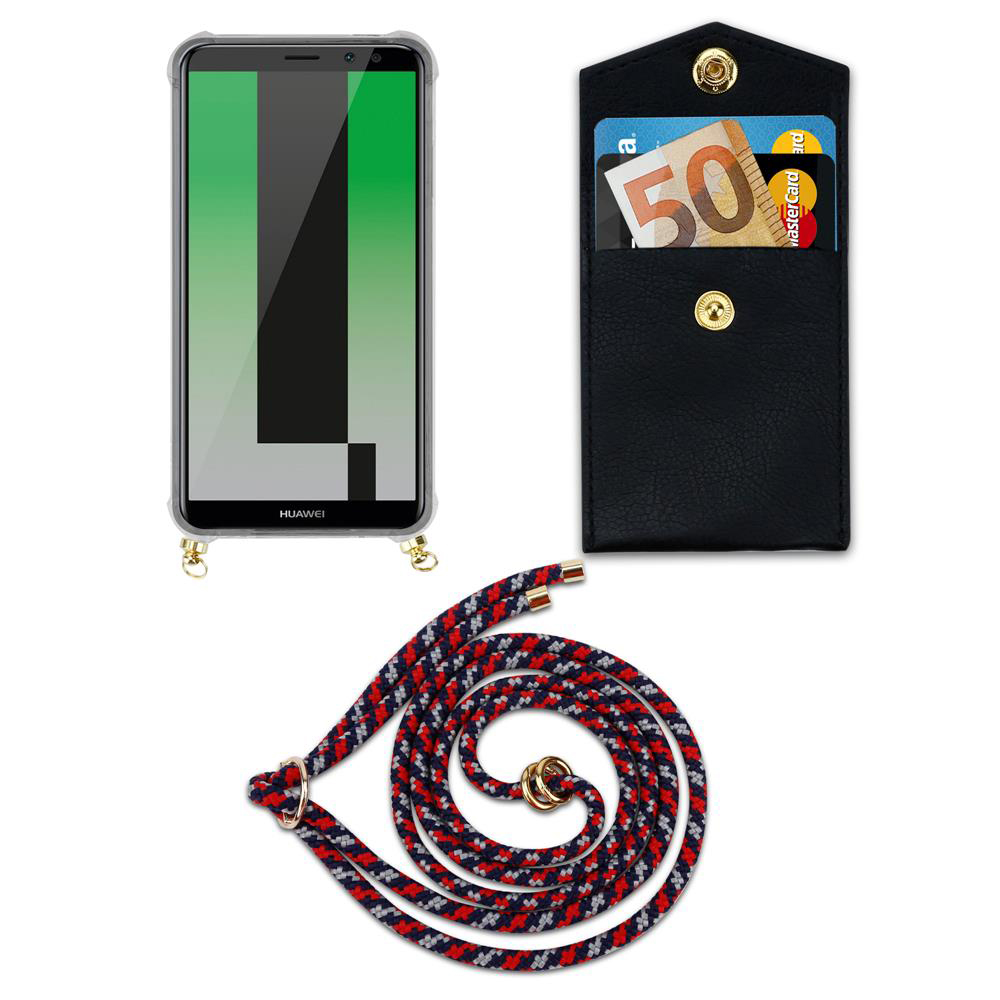 Uno smartphone in custodia, una tasca nera con banconota da 50 euro e carta, e un cordino.