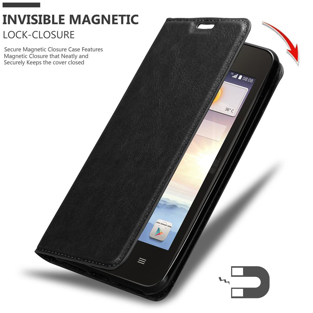 Telefono nero con custodia a chiusura magnetica aperta. Mostra ora e temperatura.