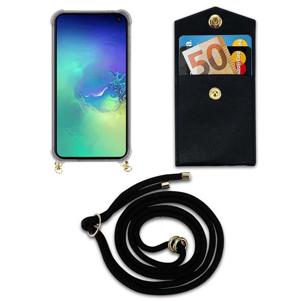 Custodia per telefono con laccetto nero, porta contanti con banconota euro e carta.