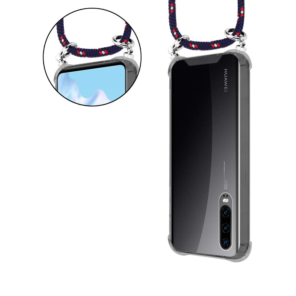 Uno smartphone in una custodia trasparente con cordino.