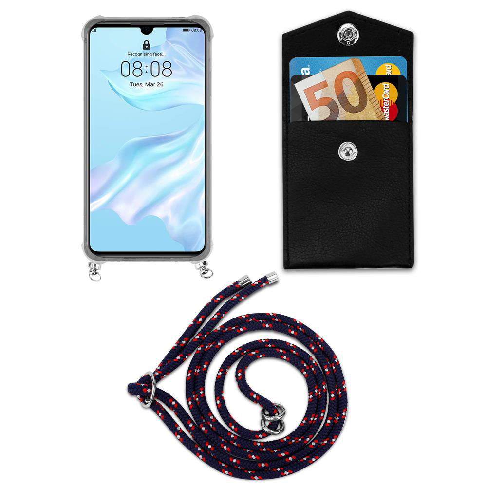 Uno smartphone, un portafoglio nero con soldi e carta, e un laccetto.