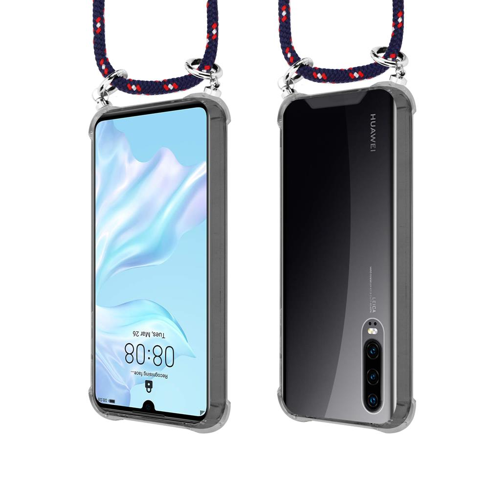 Due smartphone Huawei con cordino, vista frontale e posteriore.