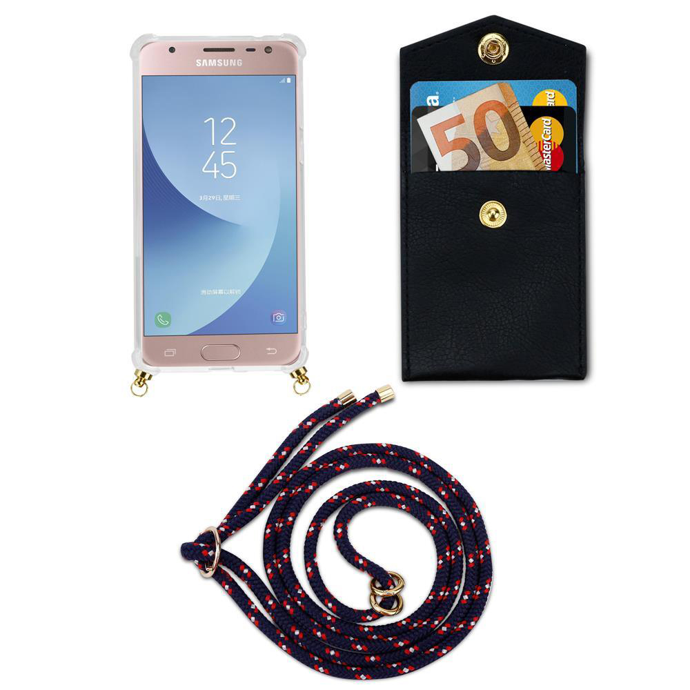 Un telefono Samsung in custodia, portafoglio con soldi e carte, e cordino.