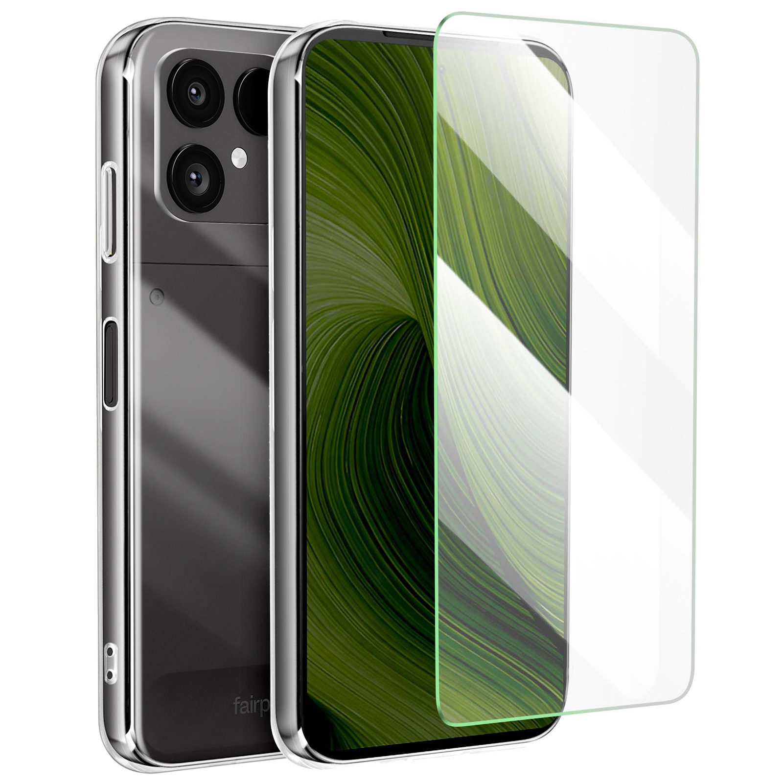 Un telefono trasparente con fotocamere e un protettore dello schermo accanto.