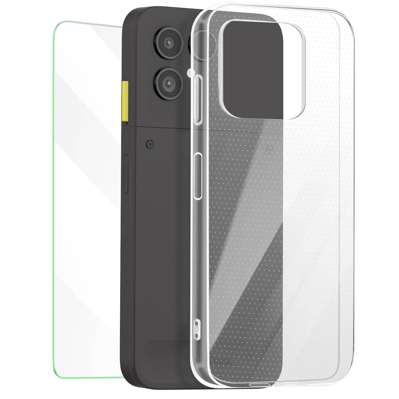 Uno smartphone nero con due fotocamere e un vetro protettivo.