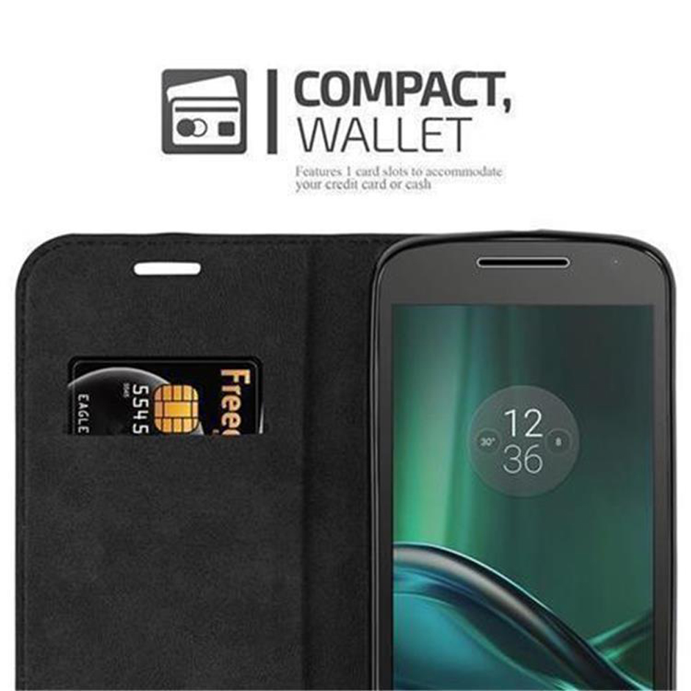 Una cartera negra con ranuras para tarjetas y un smartphone mostrando la hora.