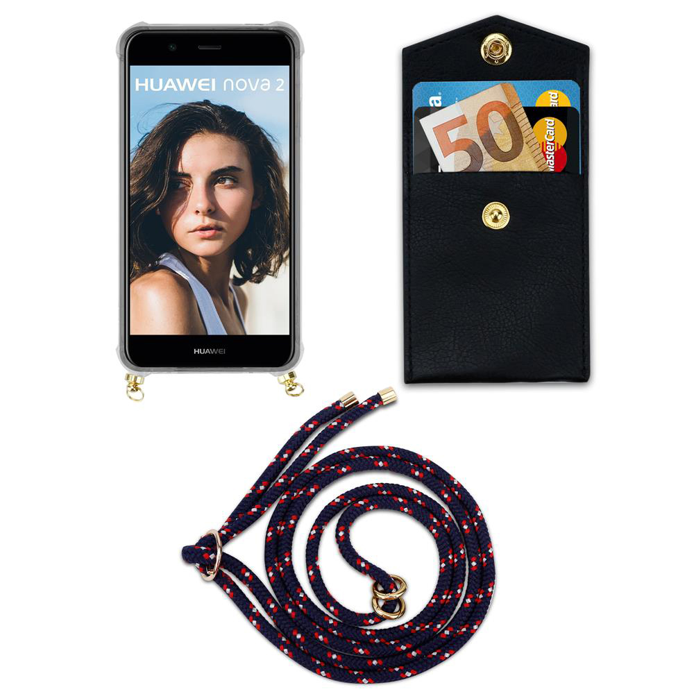 Un telefono Huawei Nova 2 con un porta carte nero e un cordino.