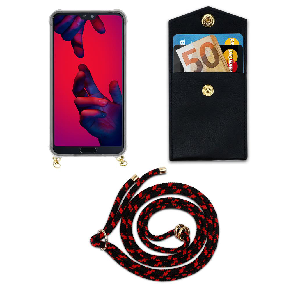 Smartphone con custodia, portafoglio con soldi e carte, e cordino.