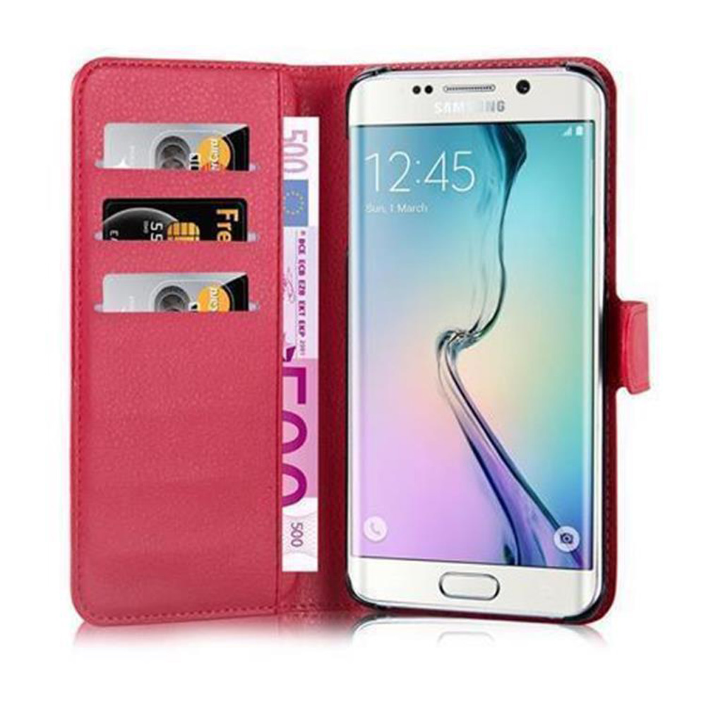 Custodia a portafoglio rossa con tre fessure per carte e uno smartphone.
