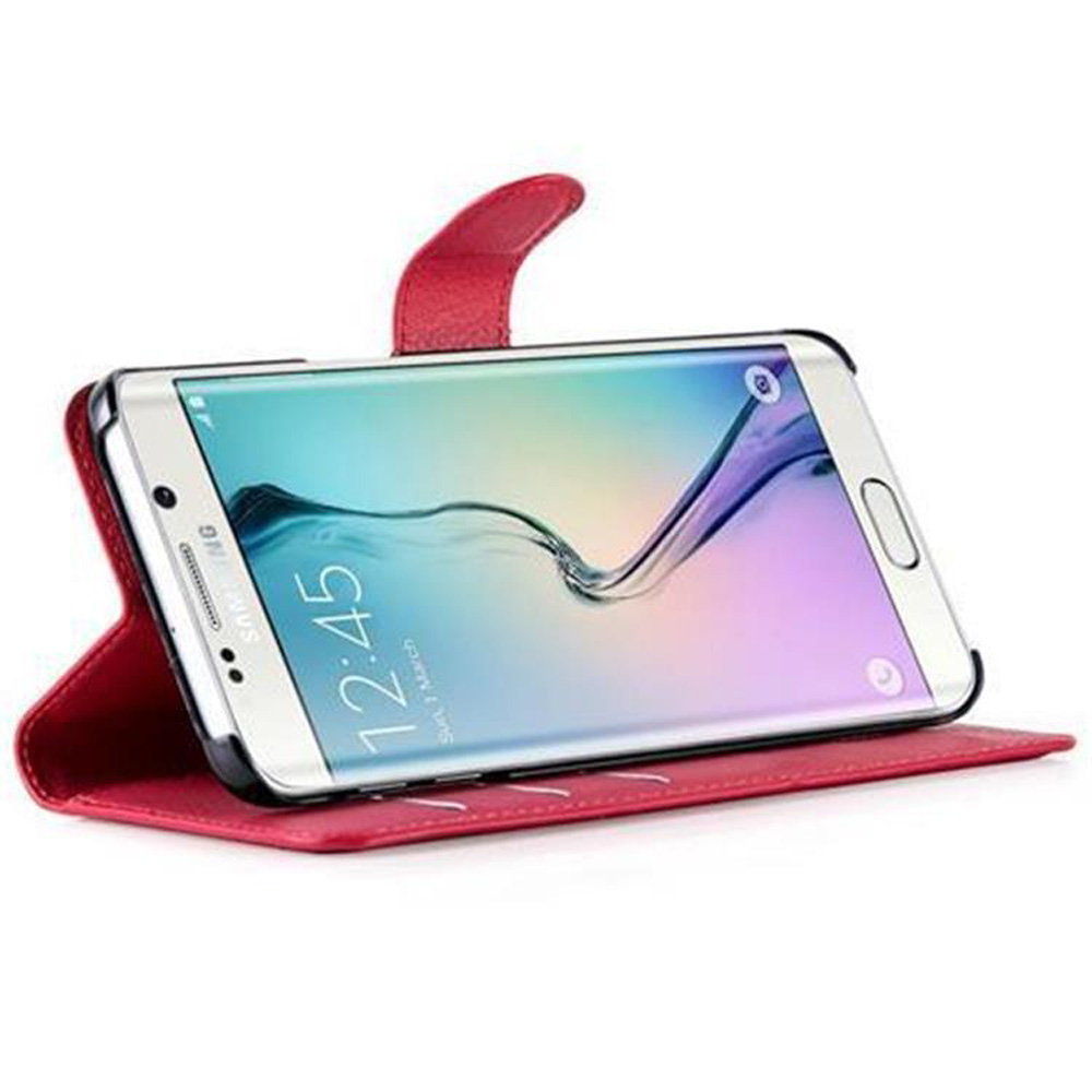 Una custodia rossa a libro con uno smartphone bianco che mostra le 12:45.
