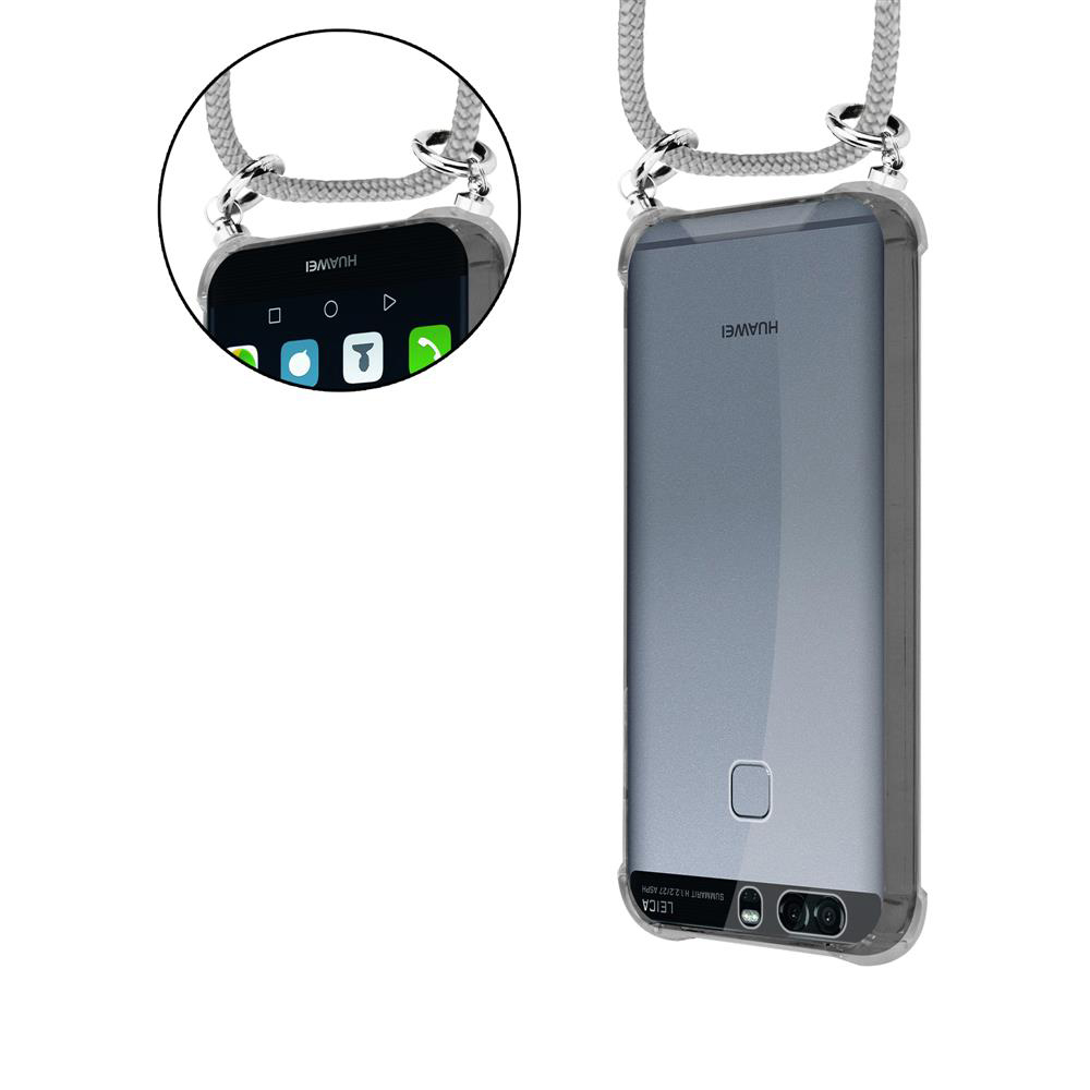 Ein Huawei-Telefon in einer Schutzhülle mit einem Lanyard, das über die Oberseite läuft.