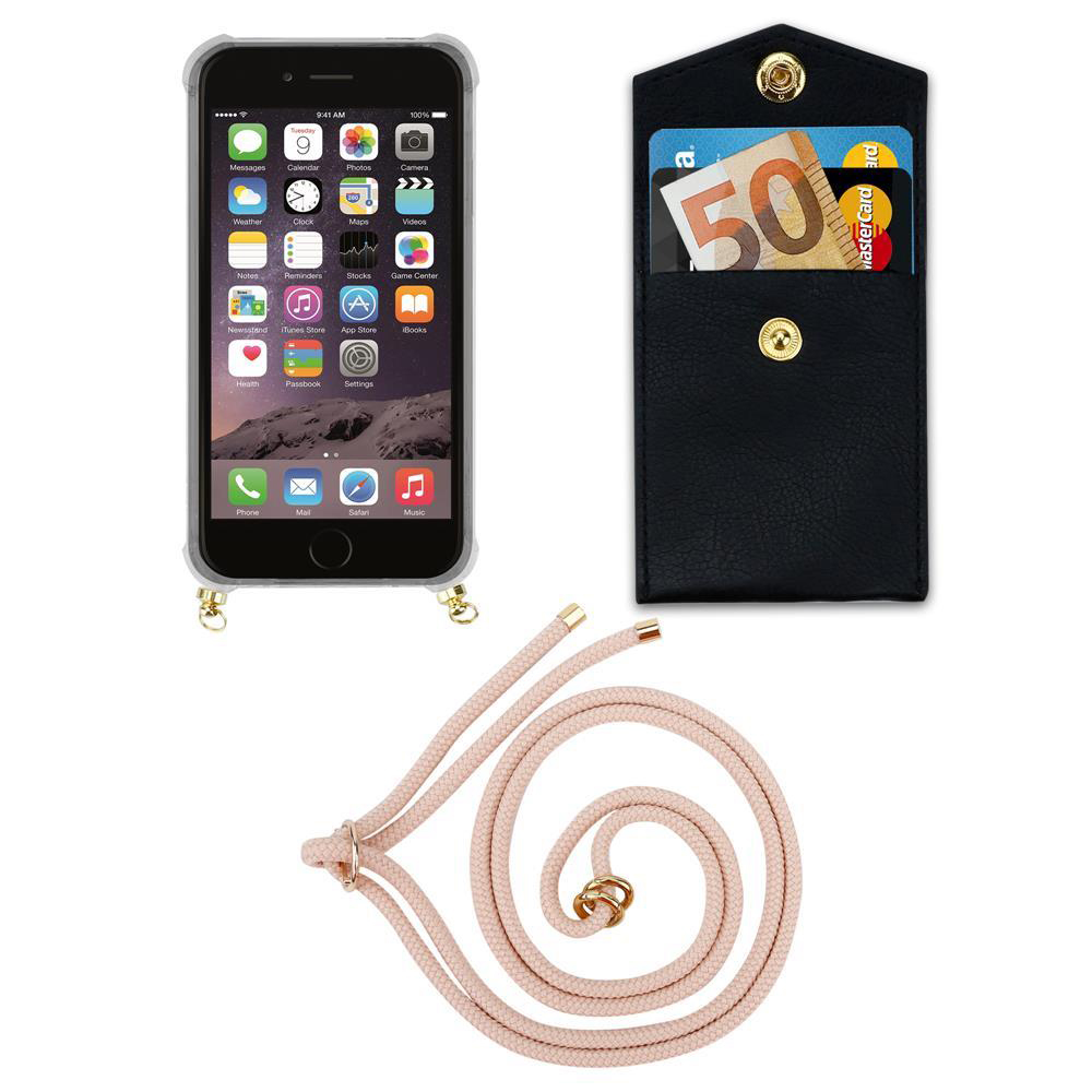 iPhone con custodia, portafoglio nero con carte e banconota, cordino.