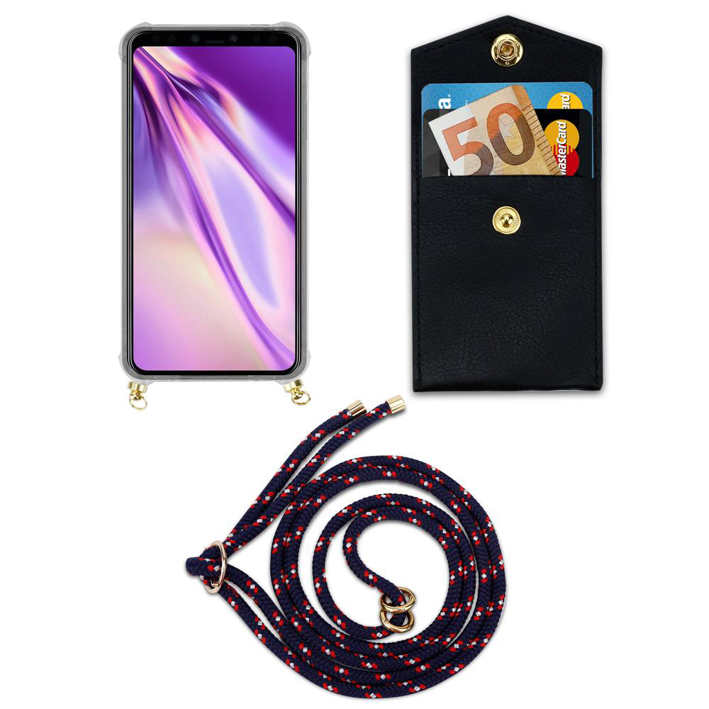 Ein Smartphone mit Hülle, eine schwarze Tasche mit Geld und Karten und eine Lanyardschnur.