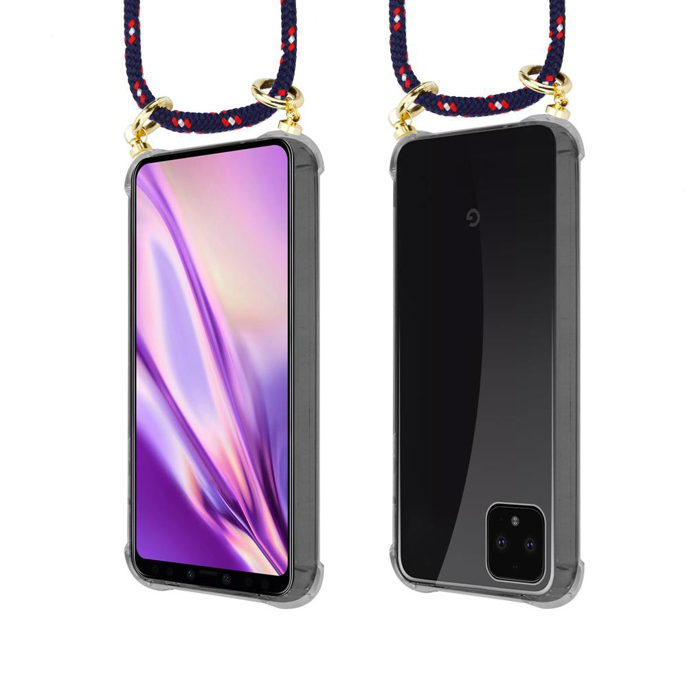 Ein Smartphone mit Lanyard, Vorder- und Rückansicht.