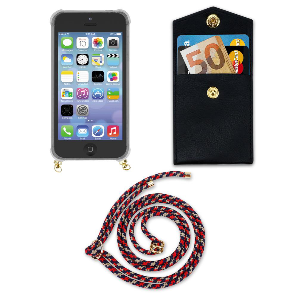 iPhone con custodia trasparente, portafoglio con soldi e carte, e cordino.