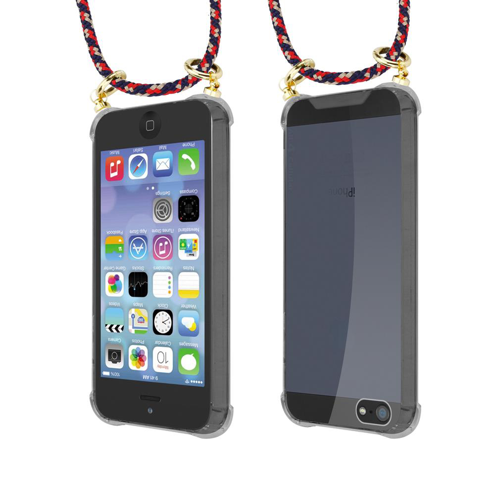 Due iPhone in custodie trasparenti con cordini intrecciati. Il fronte mostra lo schermo con app.