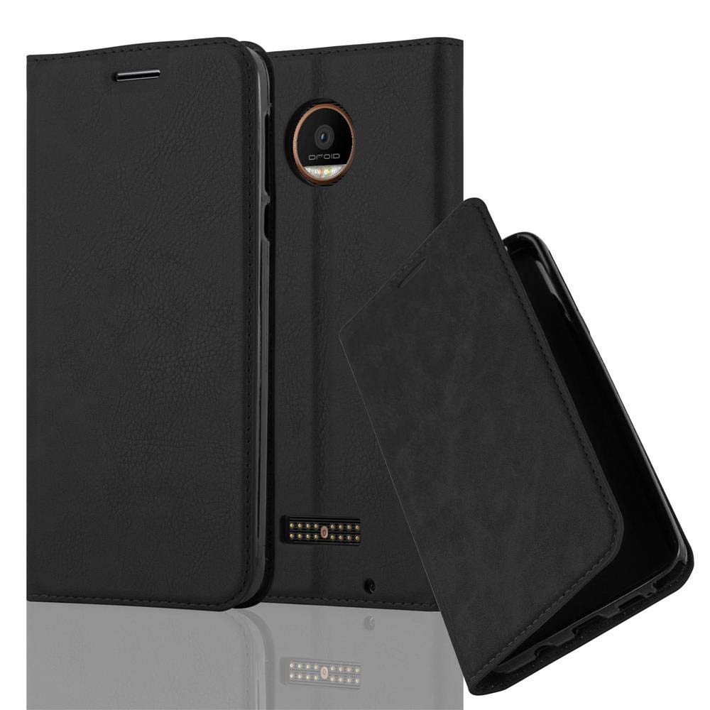 Custodia nera a libro per telefono che si apre rivelando l'obiettivo della fotocamera.