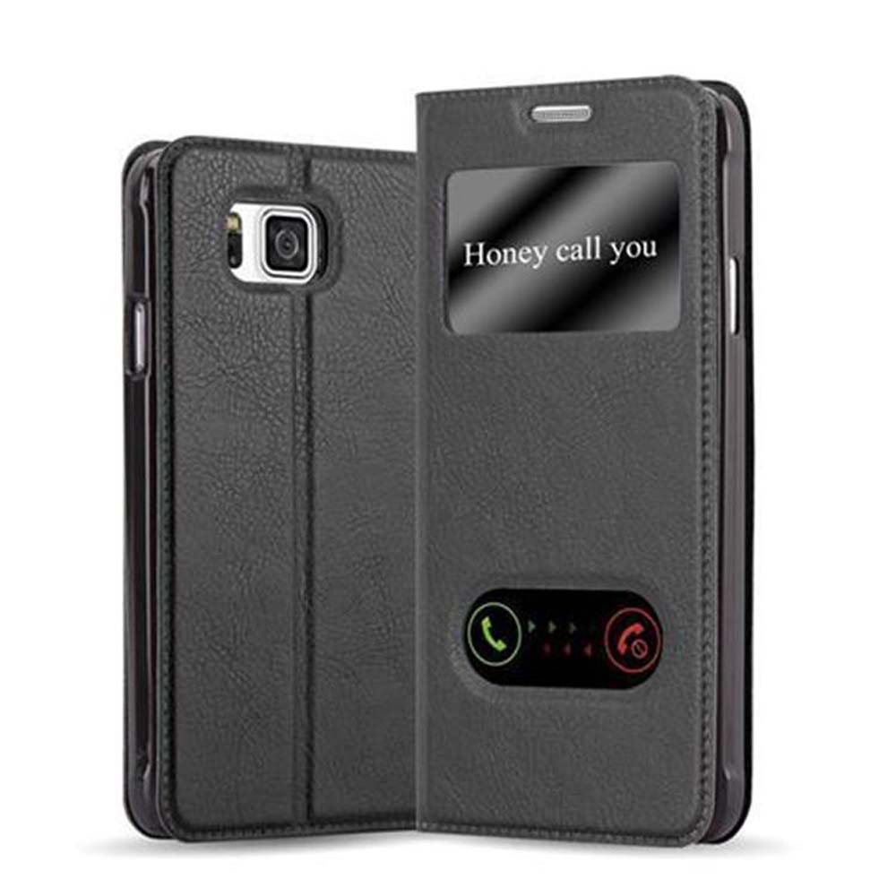 Funda de teléfono negra con ventana, mostrando llamada entrante.