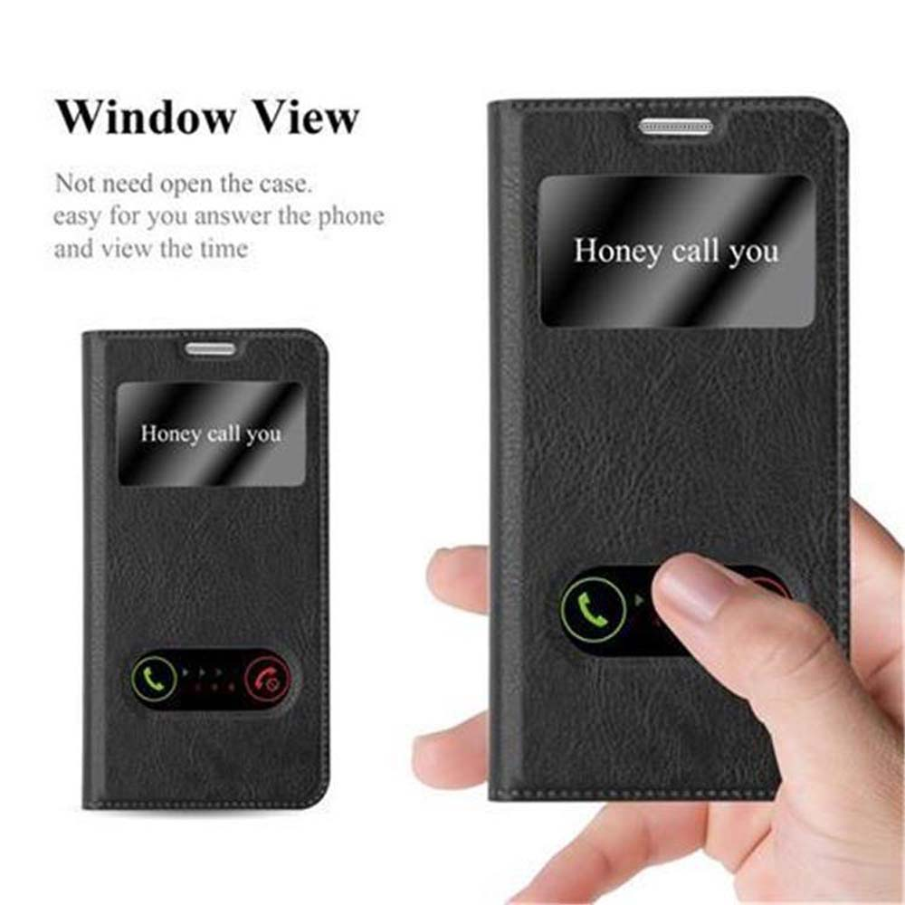 Funda negra para teléfono con ventana que muestra llamada entrante.